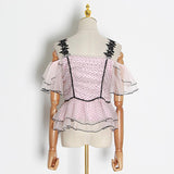 Polka dot ruffled mesh top