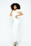 Primetime Looks-Puff Short Sleeve Jumpsuit With U Metal Details And Back Open Zippered