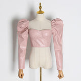 Puff-sleeve faux leather sweetheart top in colors