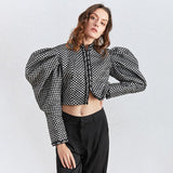 Primetime Looks-Puff-sleeve houndstooth short jacket
