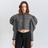 Primetime Looks-Puff-sleeve houndstooth short jacket