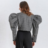 Primetime Looks-Puff-sleeve houndstooth short jacket