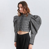 Primetime Looks-Puff-sleeve houndstooth short jacket