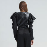 Puff-sleeve patchwork sashed top
