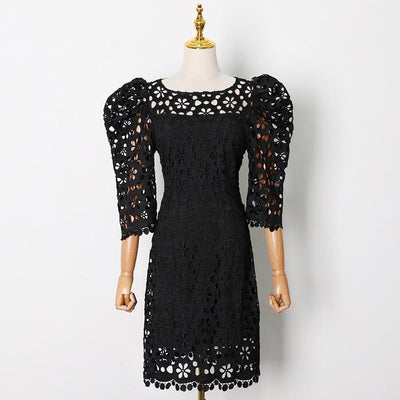 Puffed Sleeve Midi Lace Dress in colors