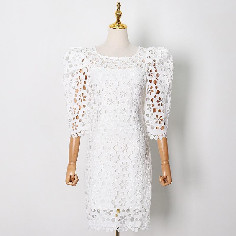 Puffed Sleeve Midi Lace Dress in colors