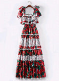 RED BLOOM Bow Ruffled Maxi Dress
