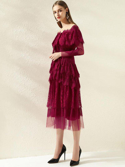 ROWAN Embroidery Mesh Cascading Ruffle Dress