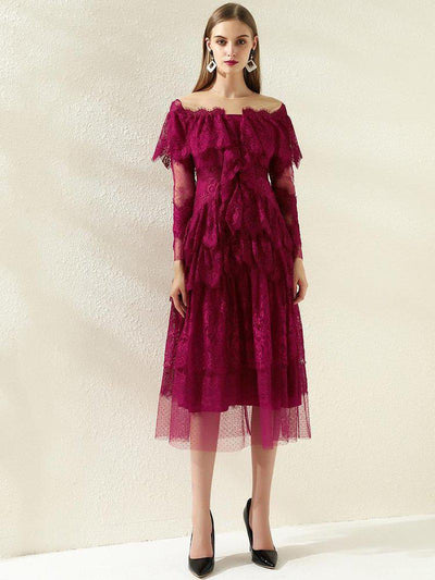 ROWAN Embroidery Mesh Cascading Ruffle Dress