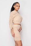 Ruched Long Sleeve And Skirt Set in beige