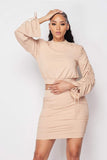 Ruched Long Sleeve And Skirt Set in beige