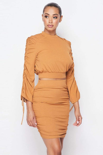 Ruched Long Sleeve And Skirt Set in mustard