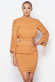 Ruched Long Sleeve And Skirt Set in mustard