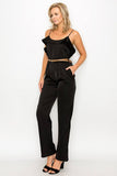 Primetime Looks-Ruffle Trim Belted Jumpsuit in Black