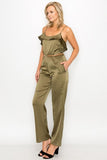Primetime Looks-Ruffle Trim Belted Jumpsuit in Green