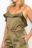 Primetime Looks-Ruffle Trim Belted Jumpsuit in Green