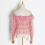 Ruffled off-shoulder mesh blouse
