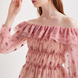 Ruffled off-shoulder mesh blouse