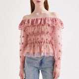 Ruffled off-shoulder mesh blouse