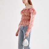 Ruffled off-shoulder mesh blouse