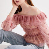 Ruffled off-shoulder mesh blouse