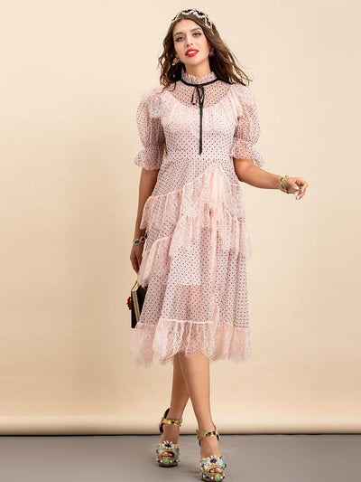 SEELA polka dot layered mesh midi dress