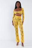 Primetime Looks-Sheer Floral Lace Crop Square Neck Top & High Waist Flare Pant Set