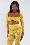 Primetime Looks-Sheer Floral Lace Crop Square Neck Top & High Waist Flare Pant Set