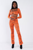 Primetime Looks-Sheer Floral Lace Crop Square Neck Top & High Waist Flare Pant Set