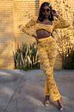 Primetime Looks-Sheer Floral Lace Crop Square Neck Top & High Waist Flare Pant Set