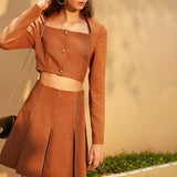 Short jacket and pleated skirt in brown