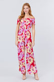 Primetime Looks-Short Sleeve Off The Shoulder Smocked Detail With Floral Print Long Wide Leg Jumpsuit.