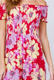 Primetime Looks-Short Sleeve Off The Shoulder Smocked Detail With Floral Print Long Wide Leg Jumpsuit.