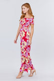 Primetime Looks-Short Sleeve Off The Shoulder Smocked Detail With Floral Print Long Wide Leg Jumpsuit.