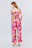 Primetime Looks-Short Sleeve Off The Shoulder Smocked Detail With Floral Print Long Wide Leg Jumpsuit.