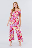 Primetime Looks-Short Sleeve Off The Shoulder Smocked Detail With Floral Print Long Wide Leg Jumpsuit.