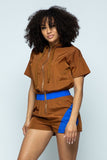 Primetime Looks-Short Sleeve Zippered Front Multi-colored Romper With Drawstring
