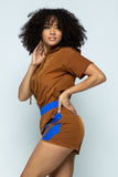 Primetime Looks-Short Sleeve Zippered Front Multi-colored Romper With Drawstring