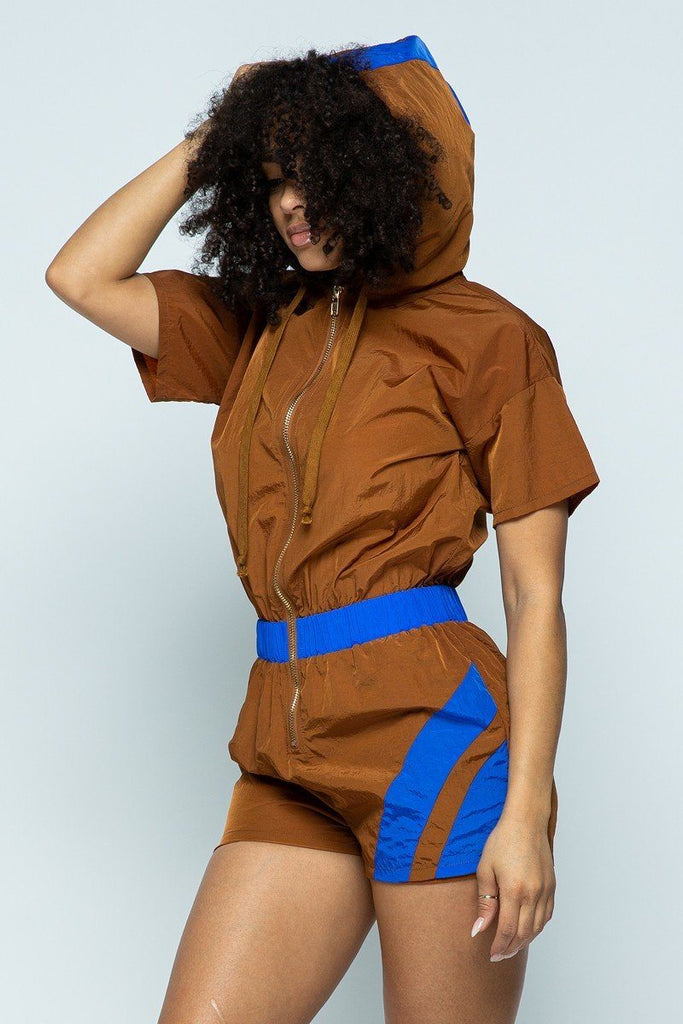 Primetime Looks-Short Sleeve Zippered Front Multi-colored Romper With Drawstring