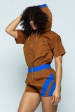 Primetime Looks-Short Sleeve Zippered Front Multi-colored Romper With Drawstring
