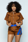 Primetime Looks-Short Sleeve Zippered Front Multi-colored Romper With Drawstring