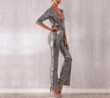Primetime Looks-Silver sequined V-neck party jumpsuit