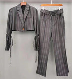 Primetime Looks-Striped gray pant suit