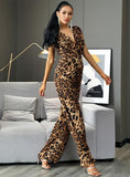 TANYA Plunging Neck Leopard Print Jumpsuit