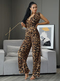 TANYA Plunging Neck Leopard Print Jumpsuit