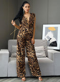 TANYA Plunging Neck Leopard Print Jumpsuit