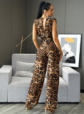 TANYA Plunging Neck Leopard Print Jumpsuit