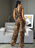 TANYA Plunging Neck Leopard Print Jumpsuit