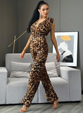 TANYA Plunging Neck Leopard Print Jumpsuit