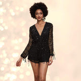Primetime Looks-Tasseled plunged Sequined Jumpsuit in colors